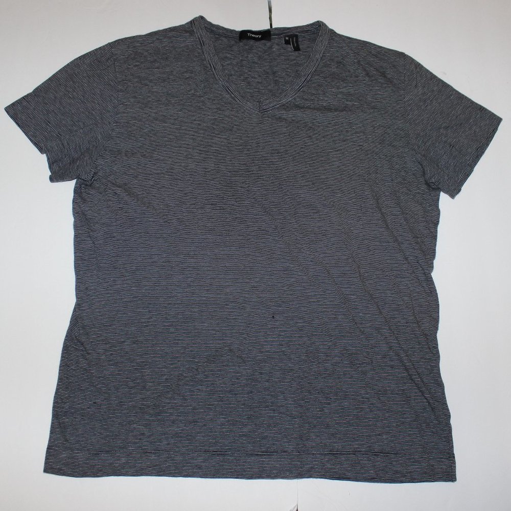 Theory Mens Size Medium Short Sleeve Stripe V-neck Shirt 100% Cotton Preowned